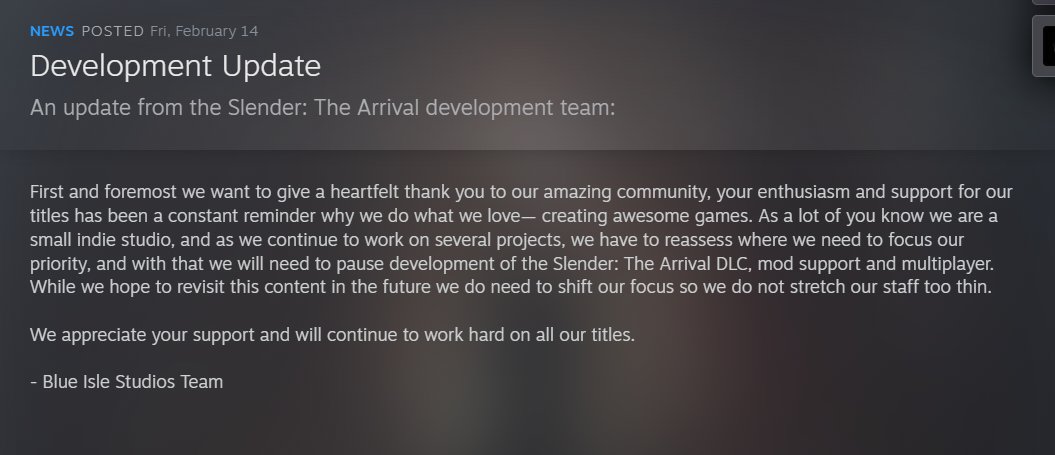 TMoobel_HY's tweet image. They didn't post these on their other social media accounts for some reason so I thought I'd share it here, the Slender the Arrival updates and DLC have paused development #slenderTA