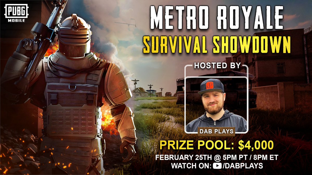 DabPlayss's tweet photo. 🚨HUGE NEWS🚨

I'm hosting a Metro Royale Tournament!

Come compete for a huge cash prize on Metro's Survival Drop mode!

$4,000 USD Prize Pool
$1,000 USD in UC Giveaways

Register here: https://t.co/tibNpdtUlS  
📅 2/25 at 5PM PT / 8PM ET

#ad #PUBGMOBILE #METROROYALE https://t.co/4SAqQEUrcz