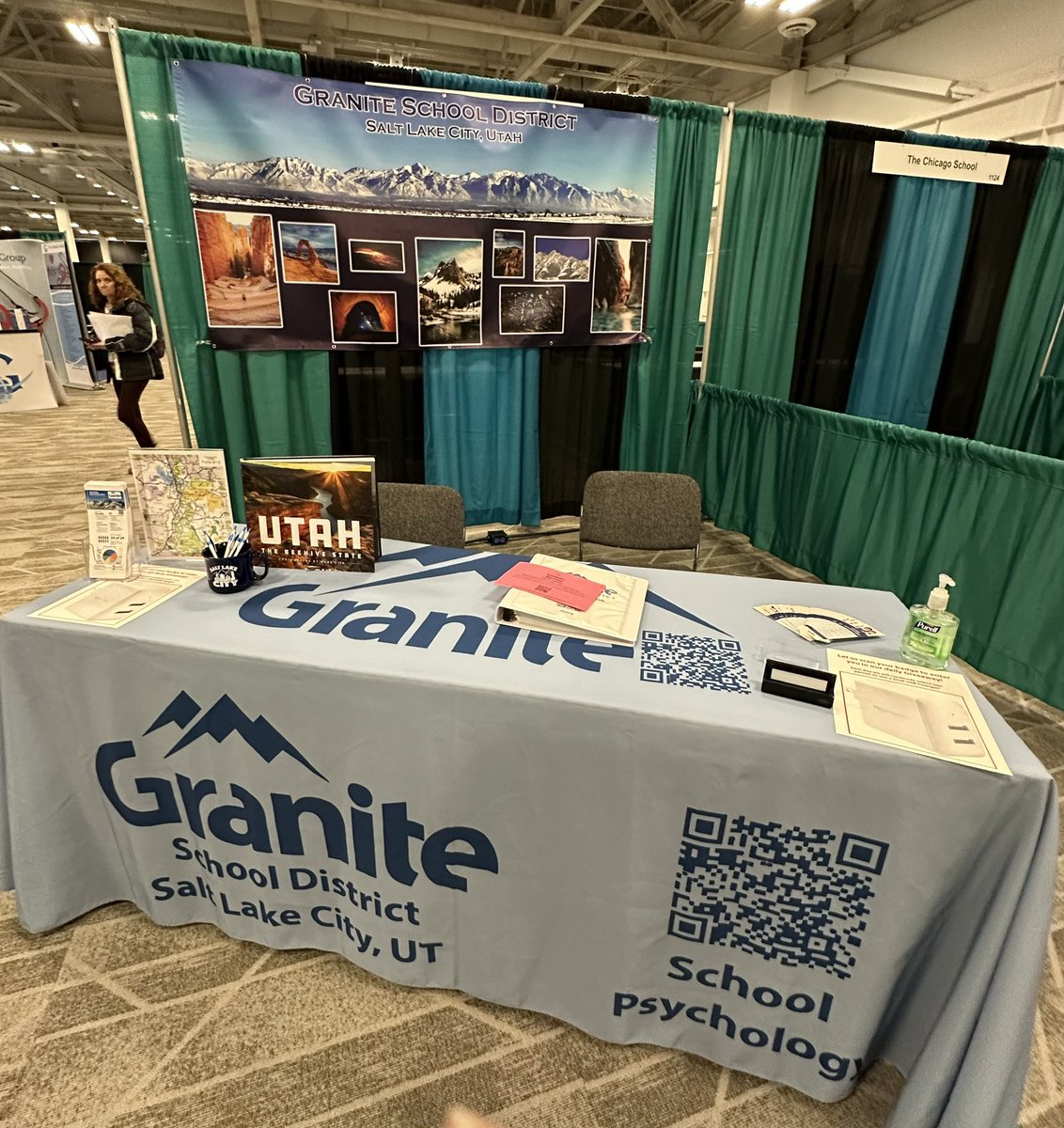 GraniteSchPsych's tweet photo. @graniteschpsych has a booth in the #NASP2025 Exhibit Booth starting tomorrow. We are in  booth 1122! Constantly recruiting for the future. That’s what I call a skyline! @nasponline @UtahSchoolPsych https://t.co/r9BYEpY7jI