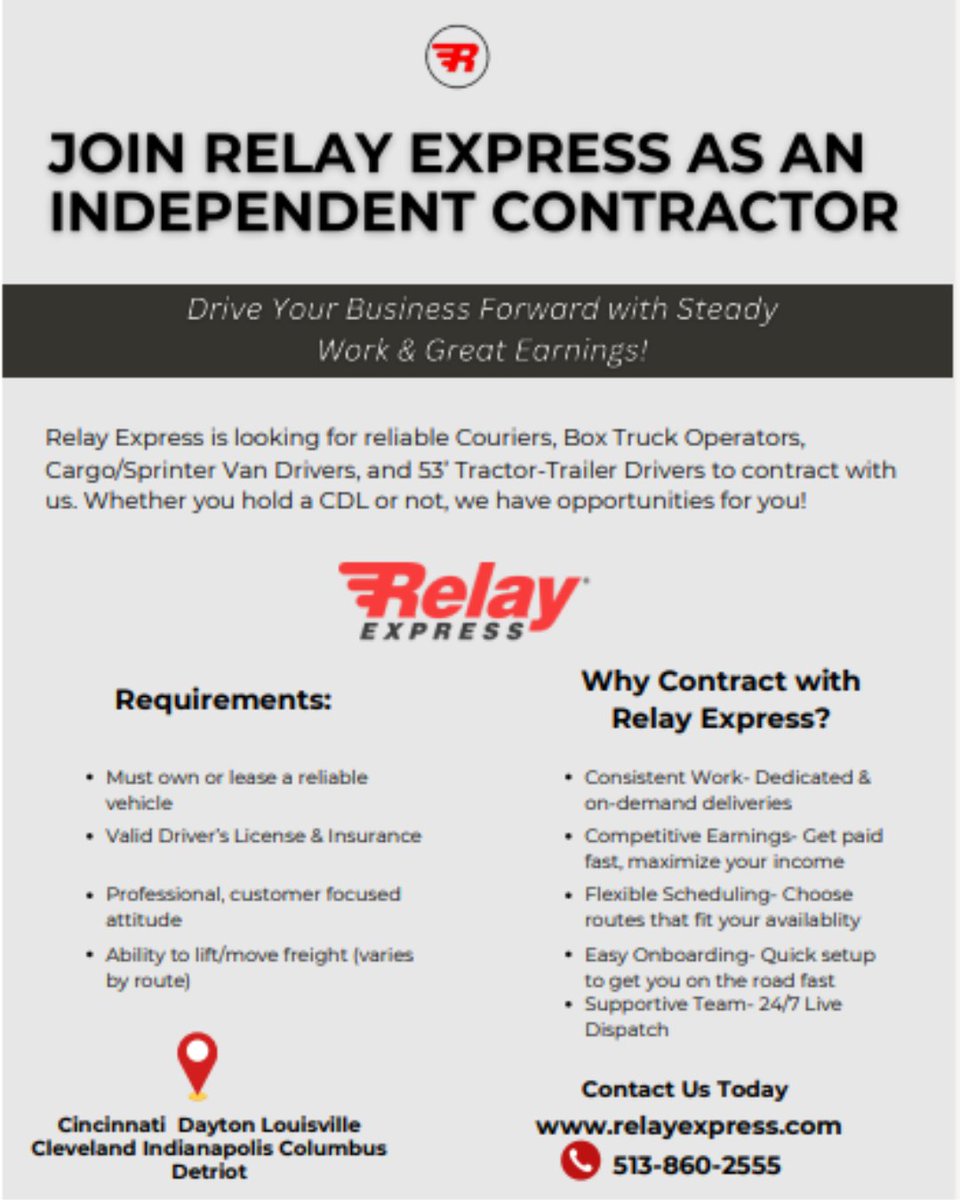 RelayExpress's tweet image. Join our awesome crew! Know a driver? Share our flyer with them! #JoinTeamRelay #DriveToday #RelayCrew 🚛📦