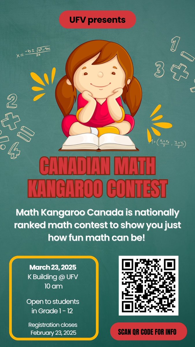 UFVscience's tweet image. Interested in a math competition, join us at @goUFV for a Kangaroo Math Contest. March 23 @ 10 am in K building in Abbotsford, open to Grade 1 - 12 students.
#mathcontest #math #Kangaroomath
@SD34DPAC @AbbotsfordSD @ChilliwackSD33 @sd78bc @LangleySchools @meischools