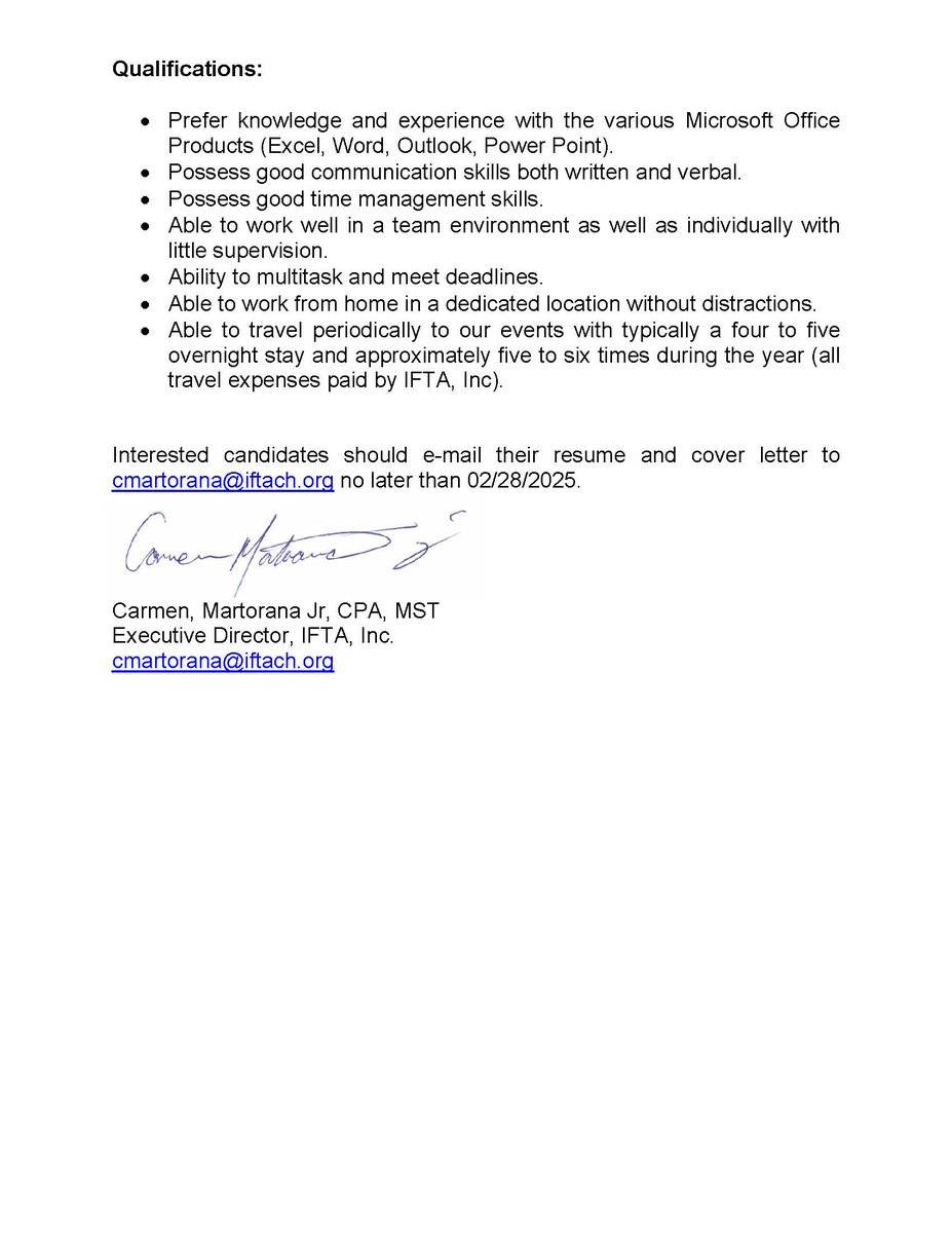 IFTA, Inc. (@ifta_inc) on Twitter photo IFTA, Inc. is Hiring!
Administrative Assistant
Please submit your Cover Letter/Resume to Mr. Carmen Martorana by February 28, 2025
cmartorana@iftach.org IFTA, Inc. is Hiring!
Administrative Assistant
Please submit your Cover Letter/Resume to Mr. Carmen Martorana by February 28, 2025
cmartorana@iftach.org