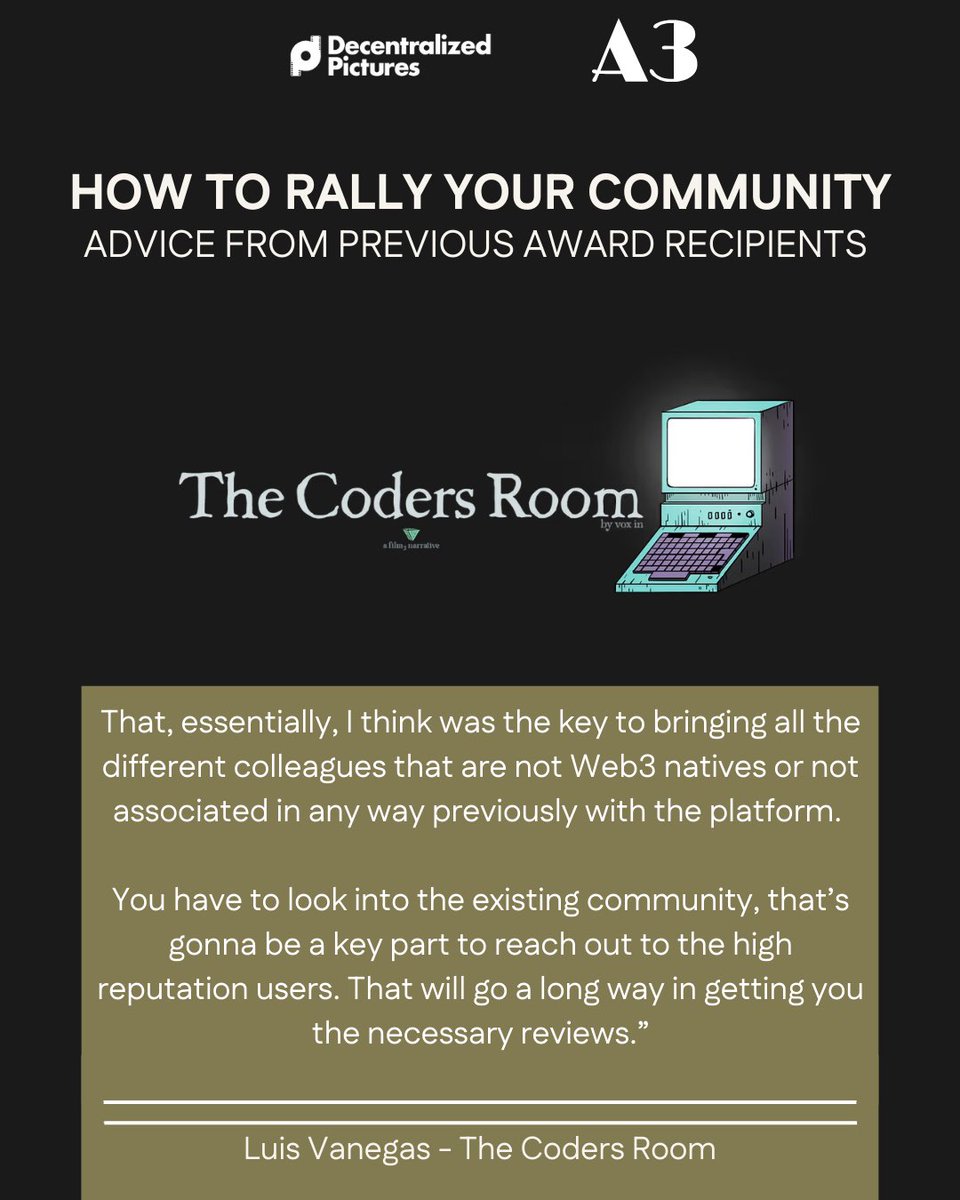Decentralized Pictures (@dcp_foundation) on Twitter photo “It’s an amazing opportunity for both parties.” ⭐️
Founder of <a href="/Coders_Room/">The Coders Room</a>, the recipient project for the <a href="/arts3fdn/">Arts3 Foundation</a> Web3 Startup Award, <a href="/film_freako/">filmfreako</a> shares his best advice to rallying your communities to support your projects on the DCP platform 🏆 “It’s an amazing opportunity for both parties.” ⭐️
Founder of <a href="/Coders_Room/">The Coders Room</a>, the recipient project for the <a href="/arts3fdn/">Arts3 Foundation</a> Web3 Startup Award, <a href="/film_freako/">filmfreako</a> shares his best advice to rallying your communities to support your projects on the DCP platform 🏆