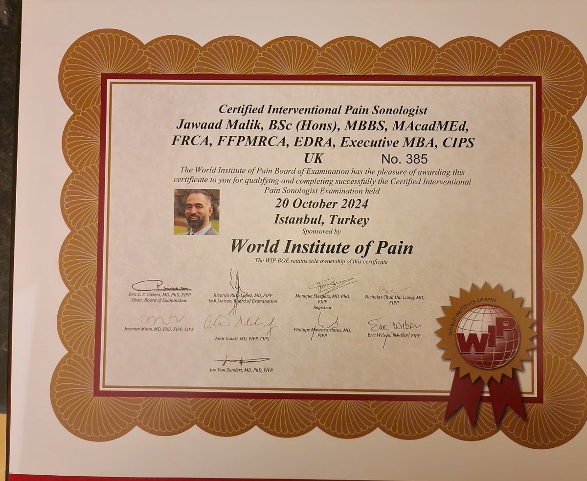 Really proud to be recognised as a Certified Interventional Pain Sonologist from the World Institute of Pain! Honored to reach the highest standards in interventional pain management No 385. #PainManagement #CIPS #InterventionalPainCare