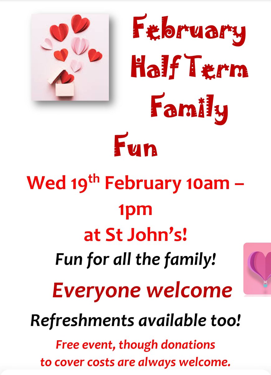 Family Half Term Fun tomorrow at St John's 10-1 😃👍 lots of lovely activities for kids and all free! See you there 😃