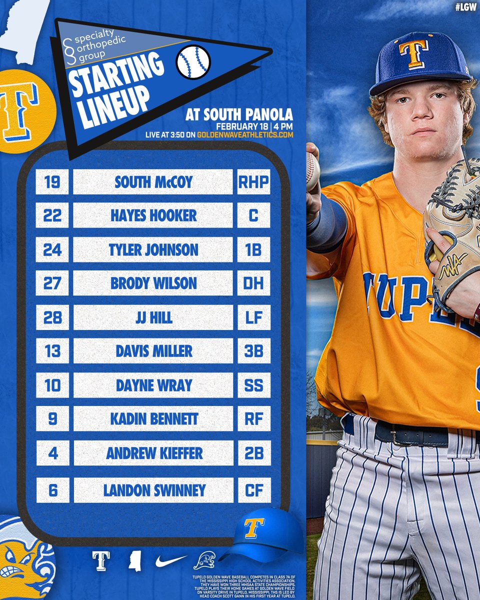 🌊𝐒𝐭𝐚𝐫𝐭𝐢𝐧𝐠 𝐋𝐢𝐧𝐞𝐮𝐩: 𝐆𝐚𝐦𝐞 𝐅𝐨𝐮𝐫 | #𝐋𝐆𝐖

First pitch in under an hour from Batesville! Watch live at goldenwaveathletics.com (Blue Channel) at 3:50 p.m.