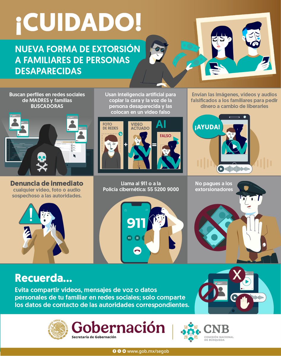 ¡ATENCIÓN! Hay una nueva forma de extorsión a familias de personas desaparecidas.
Delincuentes usan inteligencia artificial para crear fotos y videos falsos y exigir pagos. Si recibes uno, denuncia de inmediato al 911 o a la Policía Cibernética: 55 5200 9000. #AlertaExtorsión