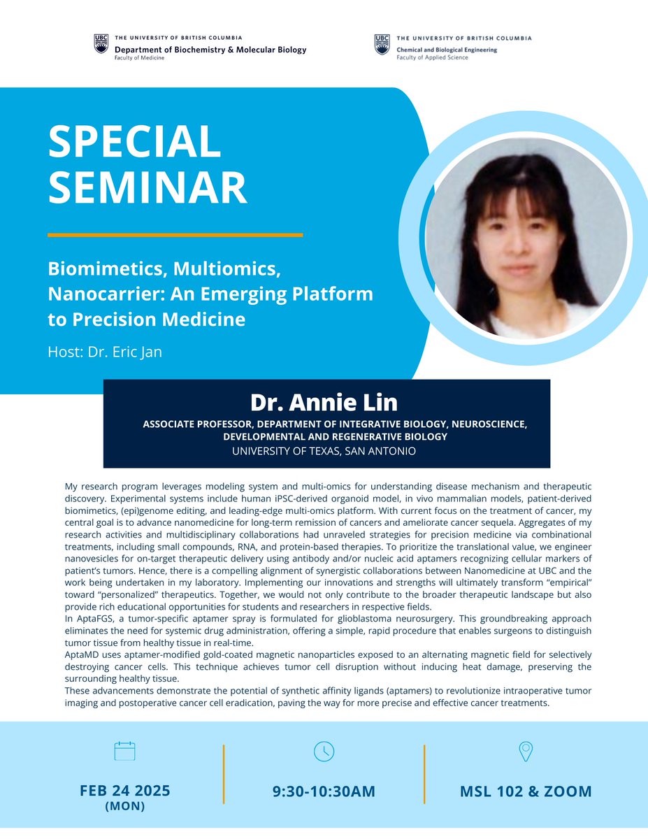 📢Special Seminar!   

Join us next Monday for an in-person presentation by Dr. Annie Lin, Associate Professor, Department of Integrative Biology, Neuroscience, Developmental and Regenerative Biology at the UTSA.

📷 Feb 24 , 9:30AM  in MSL 102     

See you there!

<a href="/CHBEUBC/">CHBE at UBC</a>
