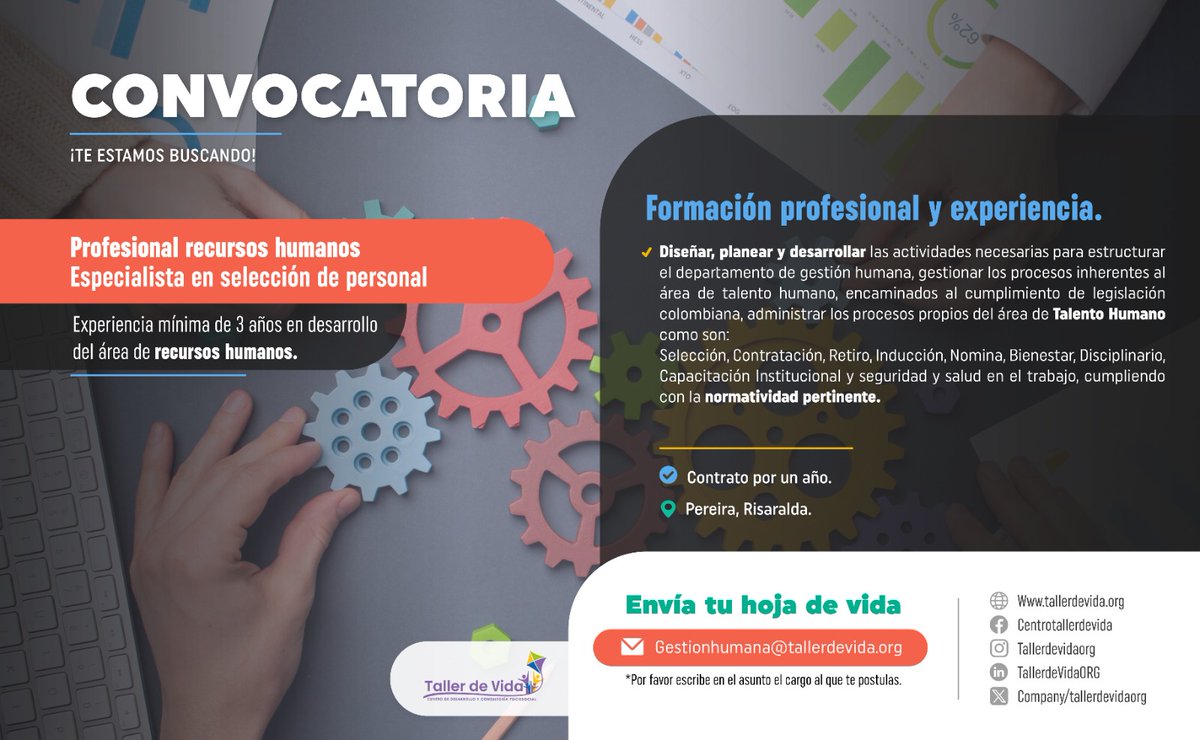 📍PEREIRA - CONVOCATORIA ABIERTA

🗂️🤝Profesional en Recursos humanos - Especialista en selección de personal.

Si estás interesada/o envía tu hoja de vida al correo electrónico gestionhumana@tallerdevida.org escribiendo en el asunto el cargo al que te postulas.

#EmpleoPereira