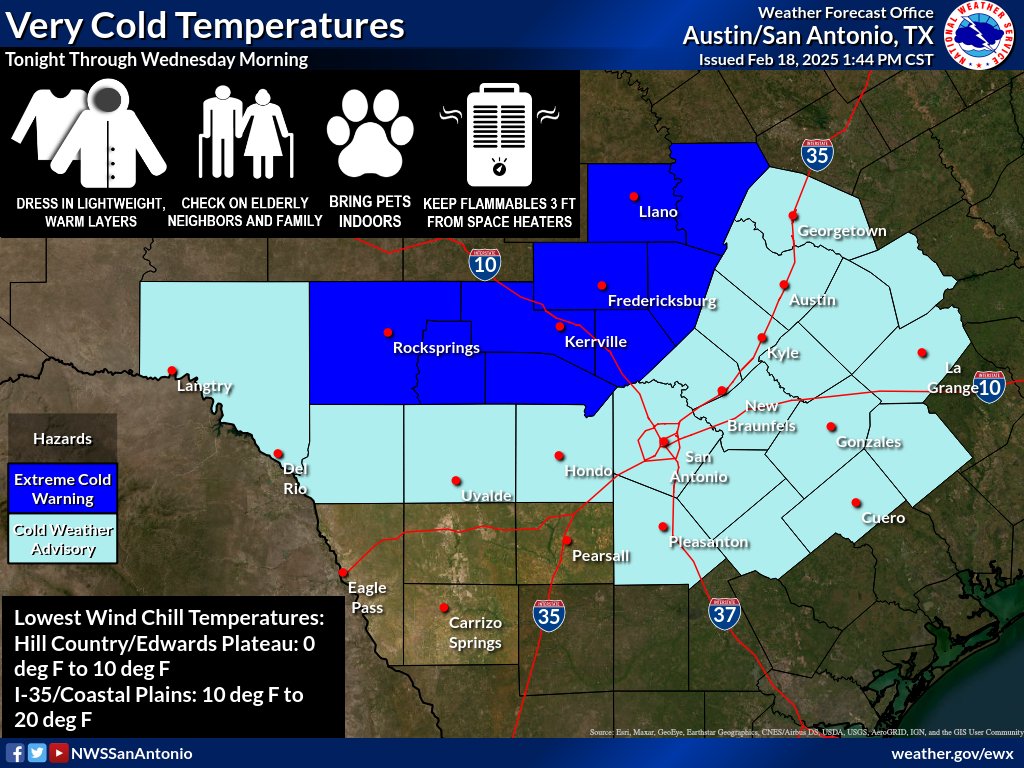 cpsenergy's tweet photo. A strong cold front moves into the area tonight with gusty wind and very cold temperatures behind it. Take cold weather precautions now. Wind chills tonight range from the single digits to low 20s. Bring pets in, dress in warm layers, and secure loose objects. https://t.co/0zW47kOB4w