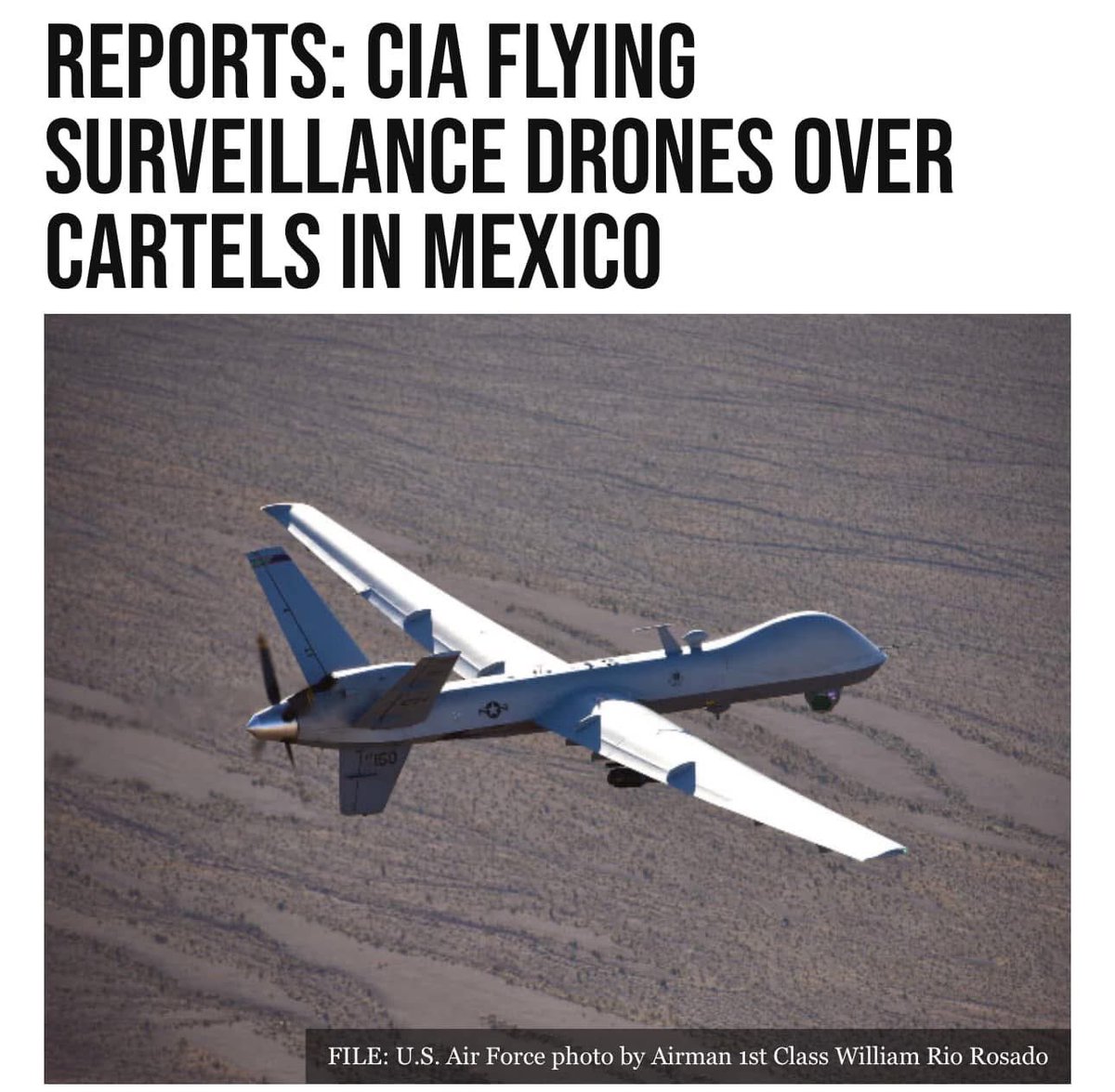 defense_civil25's tweet photo. 🚨Alert: The CIA has been secretly deploying MQ-9 Reaper drones over Mexico, tracking drug cartels as part of Trump’s plan to treat them like terrorist organizations!

- CNN News https://t.co/1mHwG7bA4i