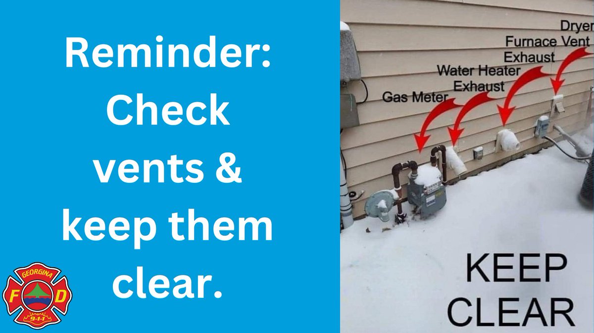 georginafire's tweet image. A quick reminder: with all of the snow we got over the weekend -be sure to check your vents and keep them clear of ice and snow. For more info, visit georgina.ca/fire #Vents #WinterSafety #Snow