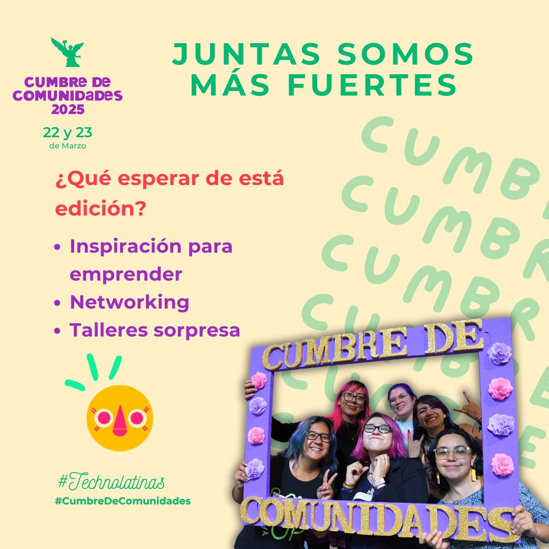¿Qué puedes esperar de nuestra próxima #CumbreDeComunidades?

📅 22 y 23 de Marzo | 📍 Centro de Cultura Digital

🔗 Puedes inscribirte aquí: lu.ma/3rkz8qhl
#CreciendoEnComunidad #CDC #Technolatinas