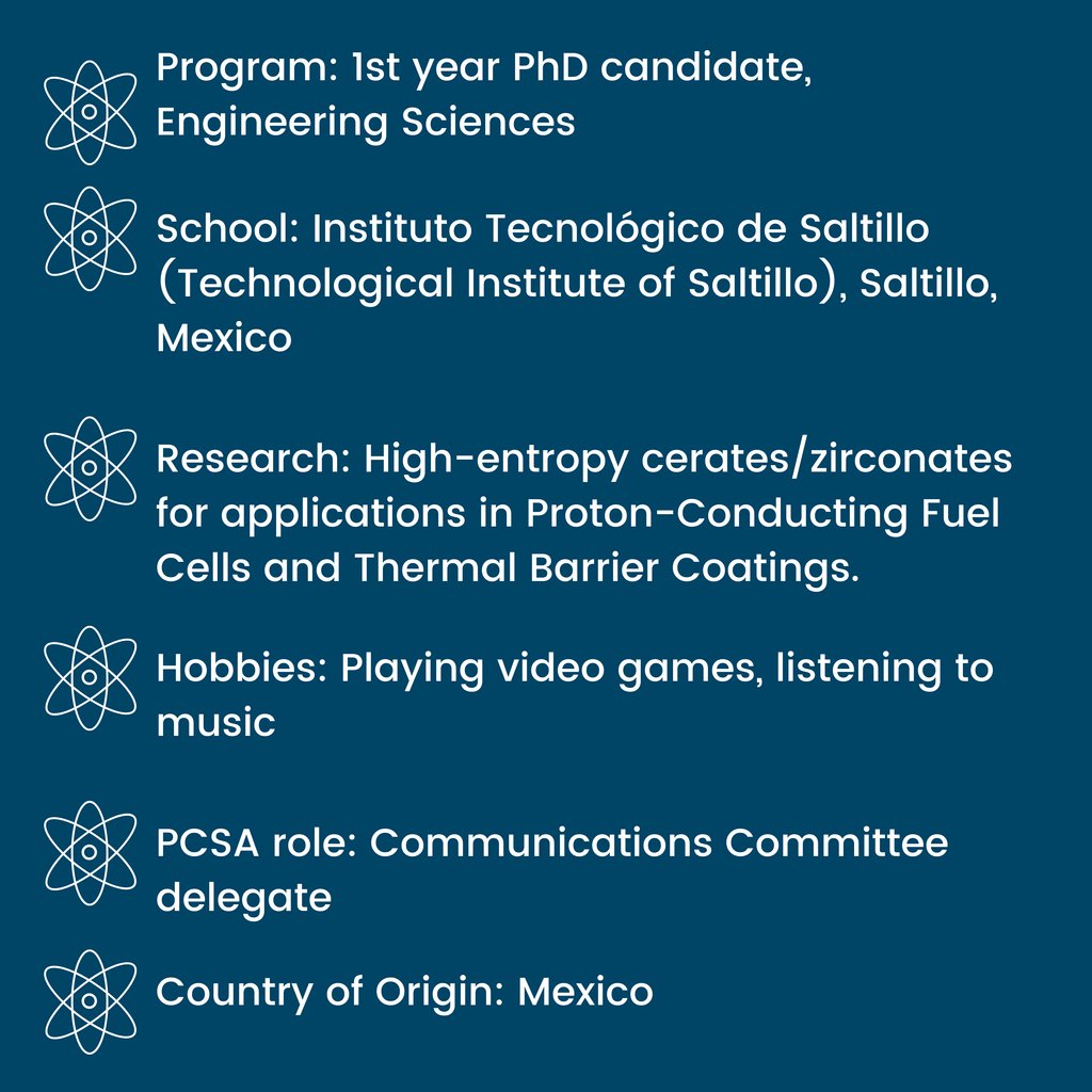 Excited to introduce Graciela Martinez as a PCSA Communications Committee delegate! 🌍🇲🇽 A PhD candidate at Instituto Tecnológico de Saltillo, she researches high-entropy cerates/zirconates for fuel cells &amp; thermal barriers. #PCSA #ACerS  #InternationalPCSA