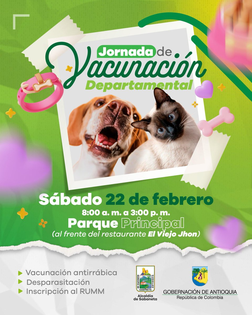 AlcSabaneta's tweet photo. Este sábado 22 de febrero, tendremos #JornadadeVacunación Departamental para animales de compañía. 💉

🐈🐕 Protege a tu amigo peludo con la vacuna contra la rabia, desparasítalo e inscríbelo al Registro Único Municipal de Mascotas. 

¡Te esperamos! https://t.co/g42uDWFmof