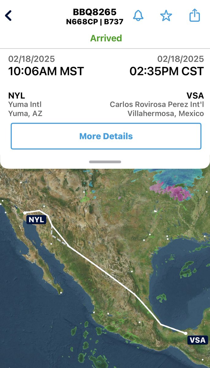 ✈️👀 ICE Air (not military) deportation from Yuma to Villahermosa MX today. The first non-Mex City deportation since March 2024 (Guadalajara and Morelia), and the first to Villahermosa since December 2021 which was the ending of a program of deporting non-Mexican nationals to