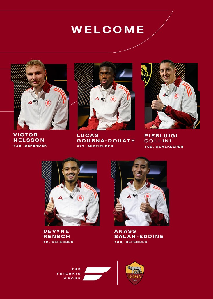 We’re happy to announce the arrival of five new players to bolster the <a href="/OfficialASRoma/">AS Roma</a> roster. AS Roma is a member of the Friedkin family of brands, and these acquisitions demonstrate our commitment to delivering world-class football!⚽