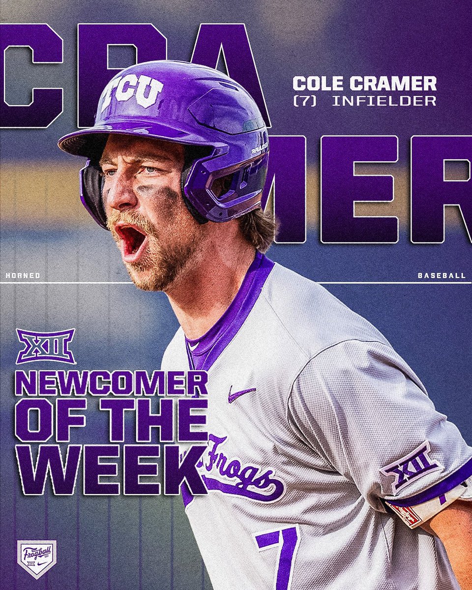 TCU Baseball (@tcu_baseball) on Twitter photo Cole Cramer <a href="/Big12Conference/">Big 12 Conference</a> newcomer of the week 
.412 AVG with 6 RBIs and 2 HRs Cole Cramer <a href="/Big12Conference/">Big 12 Conference</a> newcomer of the week 
.412 AVG with 6 RBIs and 2 HRs