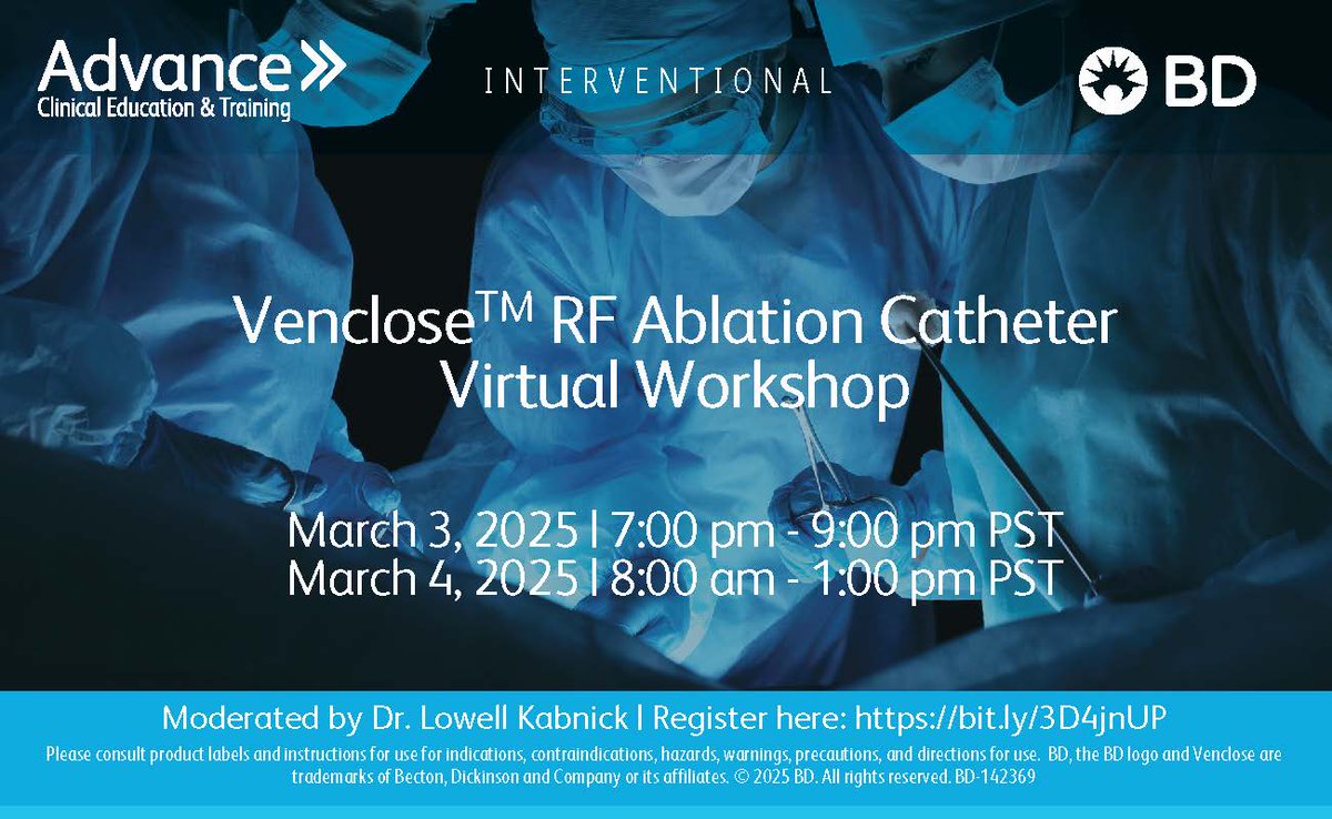 Join Dr. Lowell Kabnick on March 3rd &amp; March 4th for an interactive review including screening techniques and treatment strategies for chronic venous insufficiency with the VencloseTM RF Ablation Catheter. Register today: bit.ly/3D4jnUP