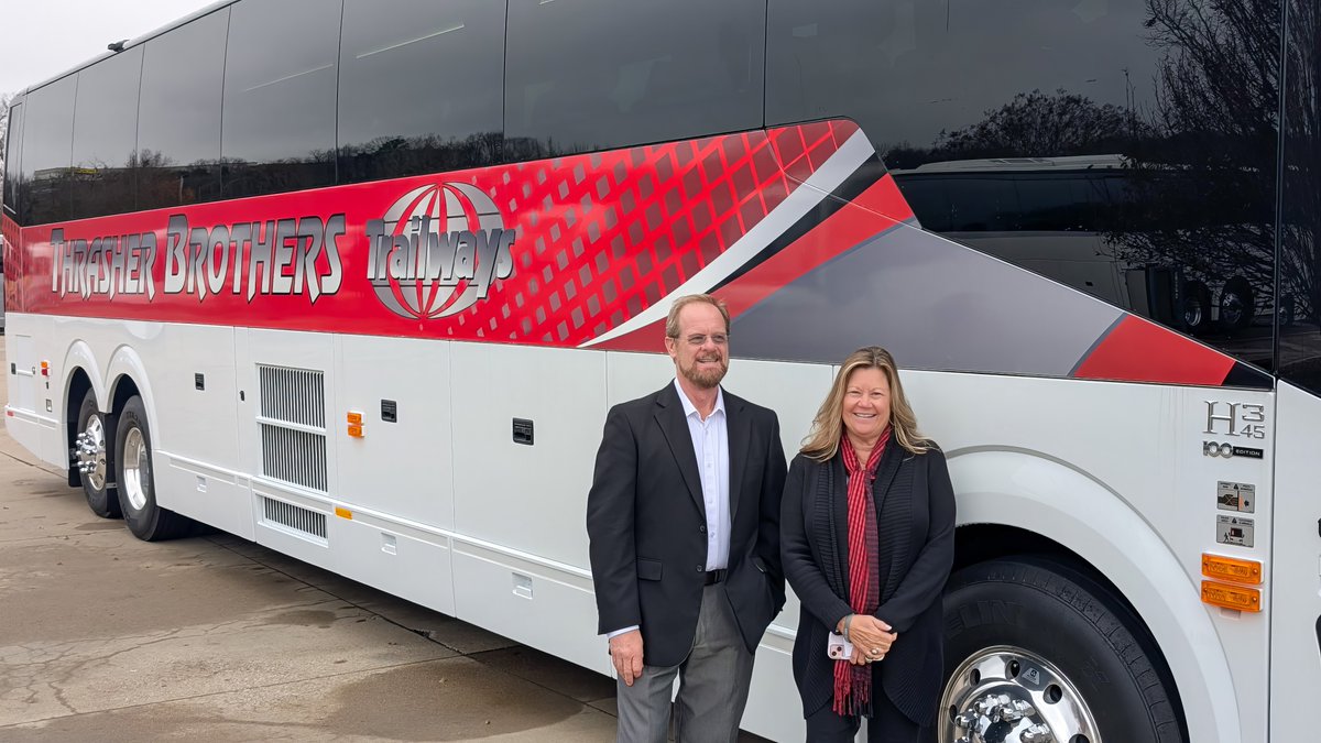 🚍 Welcome, Thrasher Brothers Trailways! We are proud to deliver two brand-new 2025 H3-45 motorcoaches to their fleet. 

🔗 Read More. bit.ly/4b3xir2 

#PrevostCoach #H345 #ThrasherBrothersTrailways