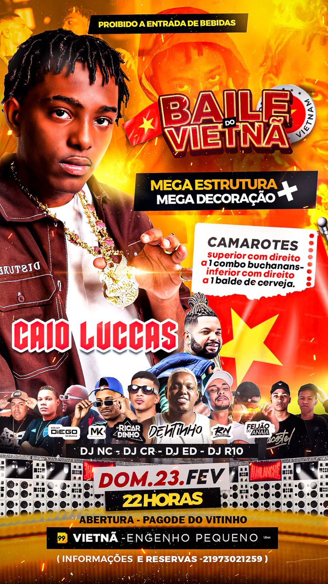 ComplexoZ's tweet image. ⚠️ EXPLANA PRA GERAL ⚠️ 
Dia 23 de fevereiro no baile do Vietnã Eng. Pequeno

⁃CAIO LUCCAS
⁃PAGODE DO VITINHO  
⁃DJS CONVIDADOS 
⁃MEGA ESTRUTURA E DECORAÇÃO 
⁃PROIBIDO ENTRADA DE BEBIDAS

Informações e reservas de camarote 21973021259
@Djfeijaoo @djrndacoruja @Djdiegodabr