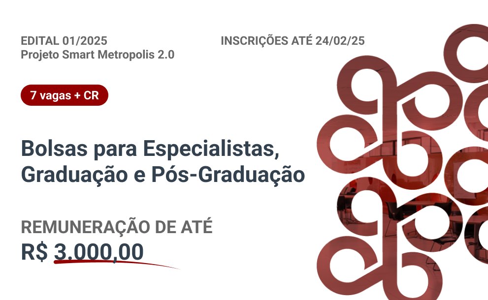 metropoledigi's tweet photo. #EditaisIMD

🔹 Abrimos inscrições para seleção de especialistas convidados e estudantes de graduação e pós-graduação nas áreas de Geografia, Computação e afins. São sete vagas de bolsas (+CR) para o projeto Smart Metropolis 2.0.

🔎 Saiba mais em: https://t.co/NflzFsb5Pr https://t.co/s2imQIpy7a