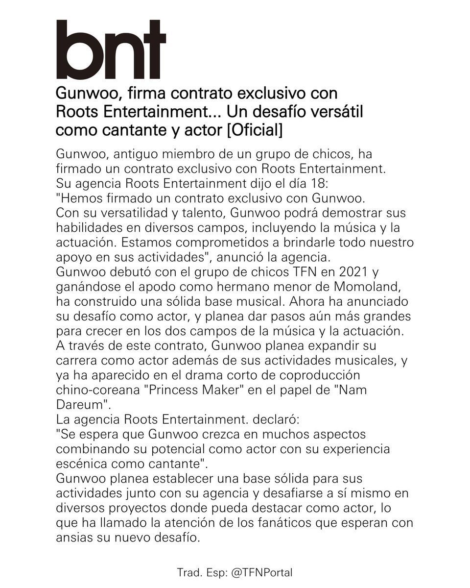 [🗞️] #GUNWOO #건우 #ゴヌ

Gunwoo, firma contrato exclusivo con Roots Entertainment... Un desafío versátil como cantante y actor [Oficial]
 
bntnews.co.kr/article/view/b…

#TFN #티에프앤
#TFN_FOREVER_WITH_US