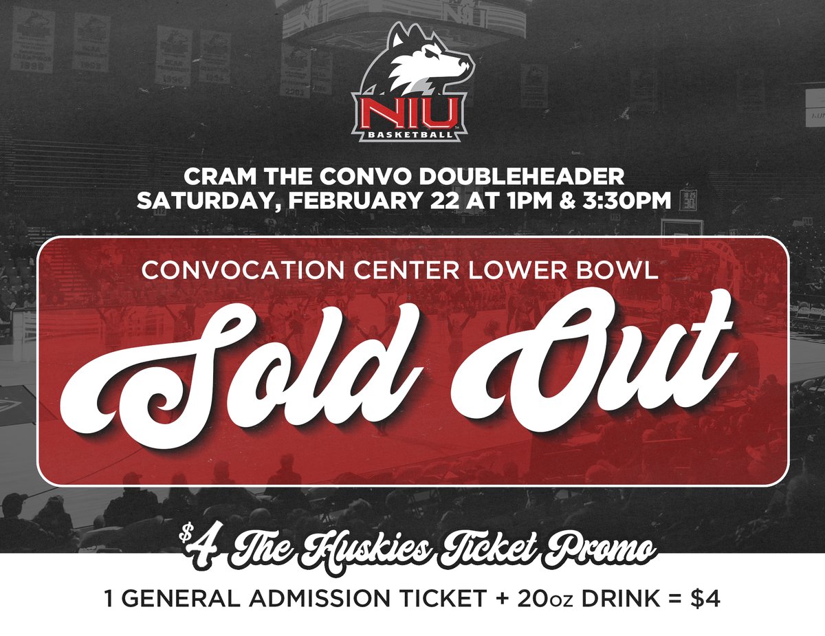 Our Lower Bowl is SOLD OUT for this Saturday's Cram the Convo! General admission tickets in our Upper Bowl are still available.

Fans can enjoy our $4 GA ticket + 20oz Drink Voucher promotion while inventory lasts.

🎟️ niuhuskies.com/CramTheConvo