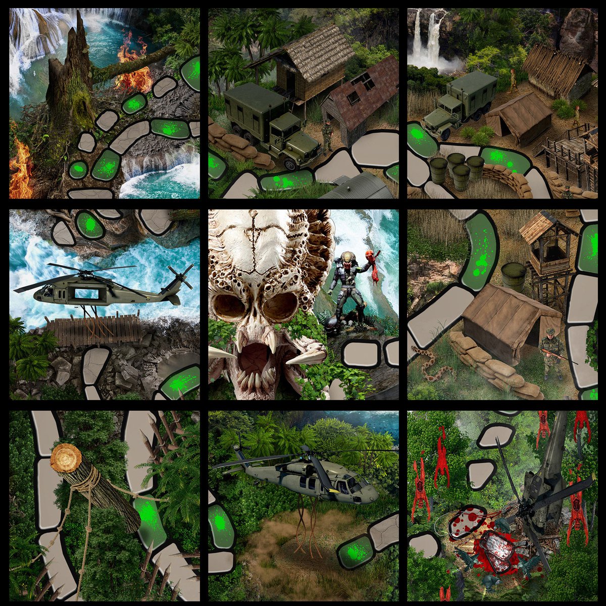 HuddyCreative's tweet photo. Predator '87: Board Game Art + Design
This project reimagines the classic #MiltonBradley #boardgame Fireball Island with the sights, sounds, and adrenaline of 1987's #Predator. #GameDesign #80s #Roll20 #Schwarzenegger #GetToTheChoppa See more cool stuff at https://t.co/wFnq2MITD6 https://t.co/wRCCKb6yXf