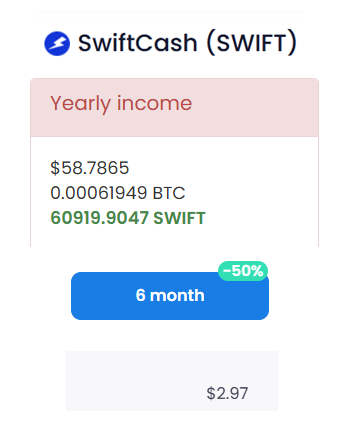 Host a #SwiftCash #Masternode via <a href="/PecuniaP/">Pecunia platform</a> for only $2.97 per six months. Current ROI is $58.78 per year. That's a whopping $52.84 net income. With $SWIFT collateral requirement at $47.97, the net APR will be over 100%🚀 #Bitcoin #Dash #Litecoin #Dogecoin #PancakeSwap