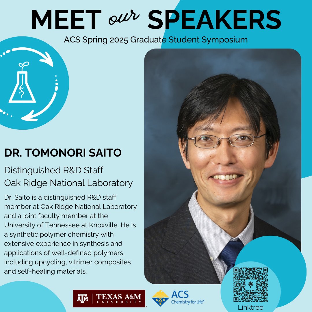 tamugsspc's tweet image. We are honored to host Dr. Tomonori Saito at our upcoming symposium!
Stay tuned to meet more of our speakers! #acs #gsspc #tamuchemistry