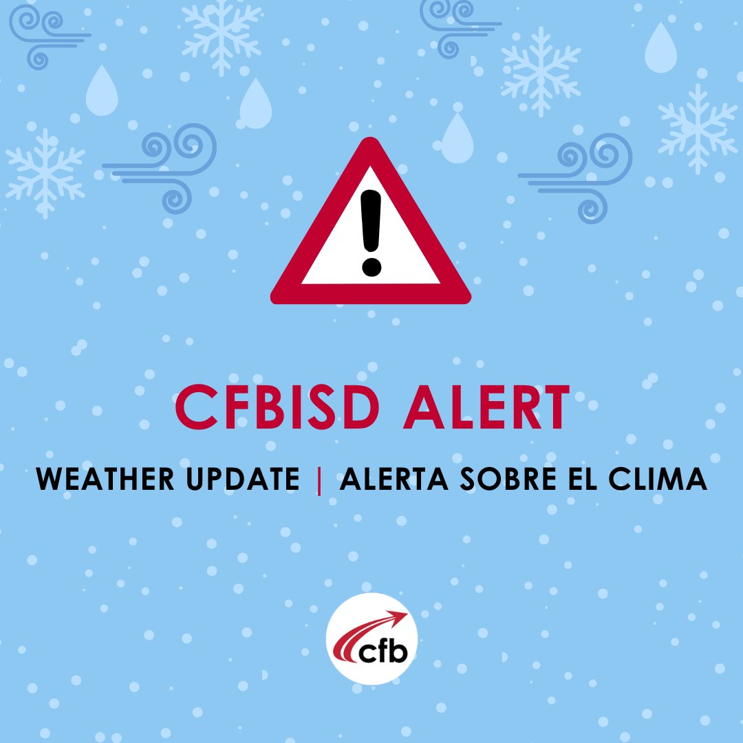 Weather Alert: CFB is actively monitoring weather conditions. Campuses will notify families if conditions impact after-school activities.

Please continue to check district social media channels and the website for the latest information.

Thank you for your understanding. Stay