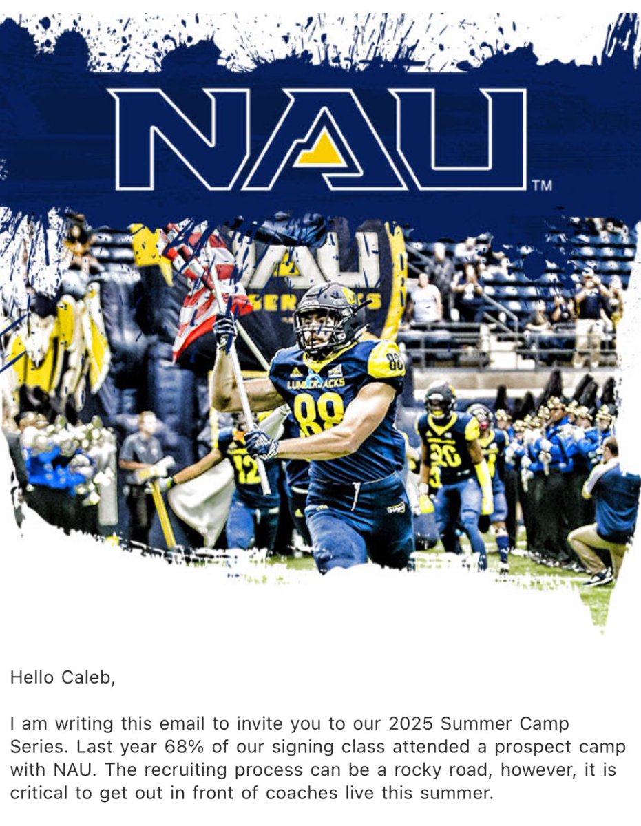 Caleb Randolph (@calebrandolph_5) on Twitter photo Blessed to receive a camp invite to NAU Football! <a href="/NAU_Football/">NAU Football</a> <a href="/Coach_TUI/">Manako Tuifua</a> <a href="/TeamFullGorilla/">Team Full Gorilla</a> <a href="/zachwilsonvalor/">Zach Wilson</a> Blessed to receive a camp invite to NAU Football! <a href="/NAU_Football/">NAU Football</a> <a href="/Coach_TUI/">Manako Tuifua</a> <a href="/TeamFullGorilla/">Team Full Gorilla</a> <a href="/zachwilsonvalor/">Zach Wilson</a>