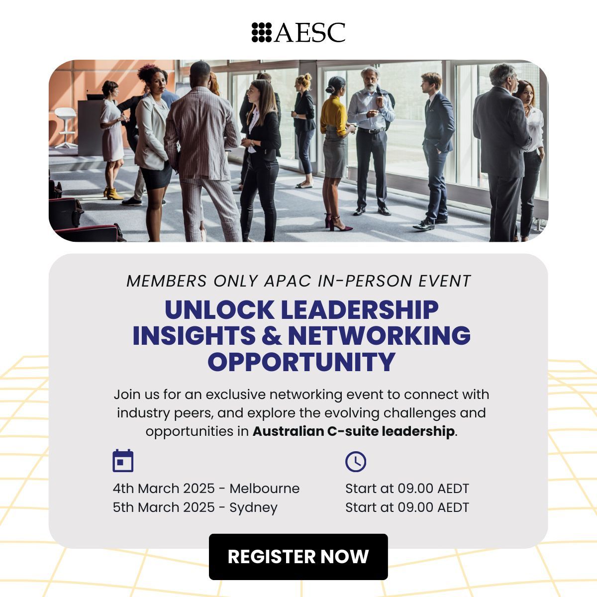 Save the dates! AESC is hosting two networking events in Australia. Learn more about who, what, where &amp; when here: 
Melbourne (March 4) - buff.ly/40XEO2f 
Sydney (March 5) - buff.ly/42SzNud 

#networking #executivesearch #Sydney #Melbourne #Australia