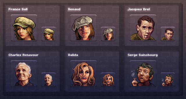 Ajoute_1's tweet photo. Différents badges représentant plusieurs artistes de la musique francophone. 🕺🕺
#pixelarts #Habbo https://t.co/l7fzT4oTwF