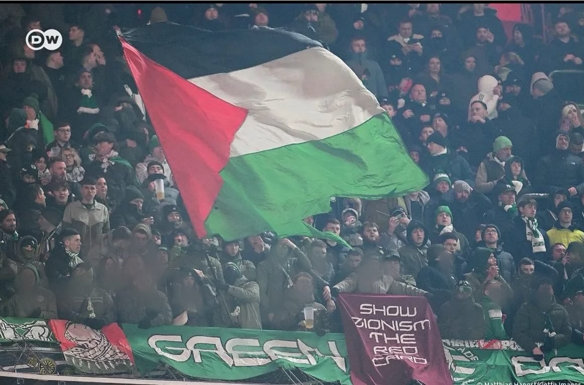 Liam_O_Hare's tweet photo. Very noticeable that the German broadcasters controlling the feed of tonight’s game didn’t once show the Celtic end. Nothing to do with the huge Palestine flag down the front of it of course. https://t.co/RiJGrrTmzJ