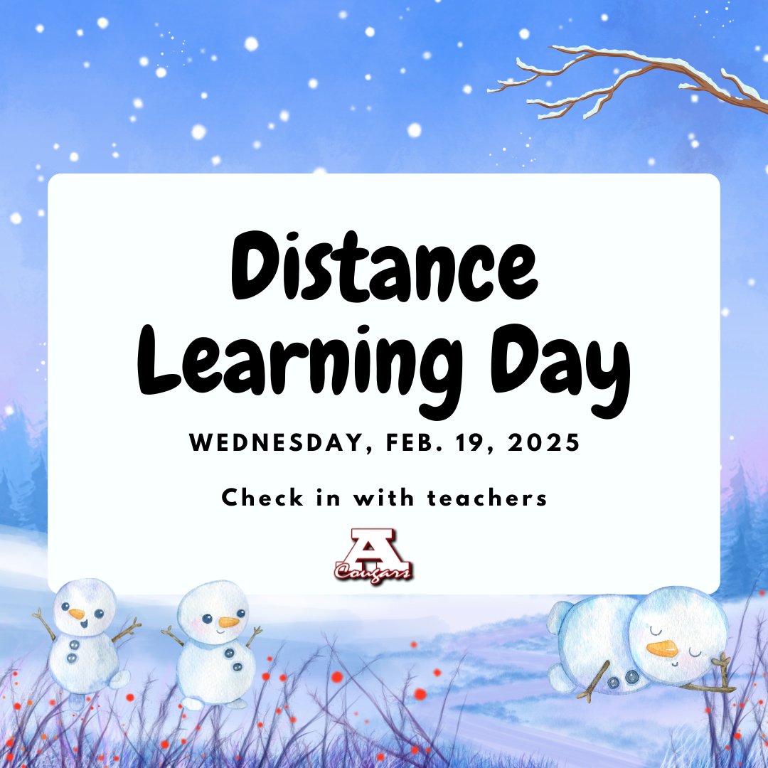 Distance Learning Day, Wednesday, Feb. 19 -  Ada City Schools will move to Distance Learning again for Wednesday, February 19.

 adacougars.net/sys/content/ne…
