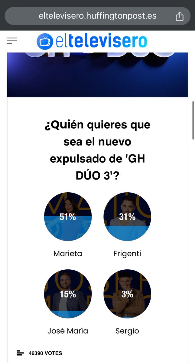 Adriyuyu's tweet photo. Aunque yo sigo confiando en que la expulsada va a ser Marieta y Miguel se queda 🙏🏻

En la encuesta de @eltelevisero los porcentajes (aunque estén sin actualizar y salga aún Sergio) son muy parecidos a los actuales y hay casi 50.000 votos. 

#GHLímite7 
#ExpulsionMarieta https://t.co/iKq0tKfXgW
