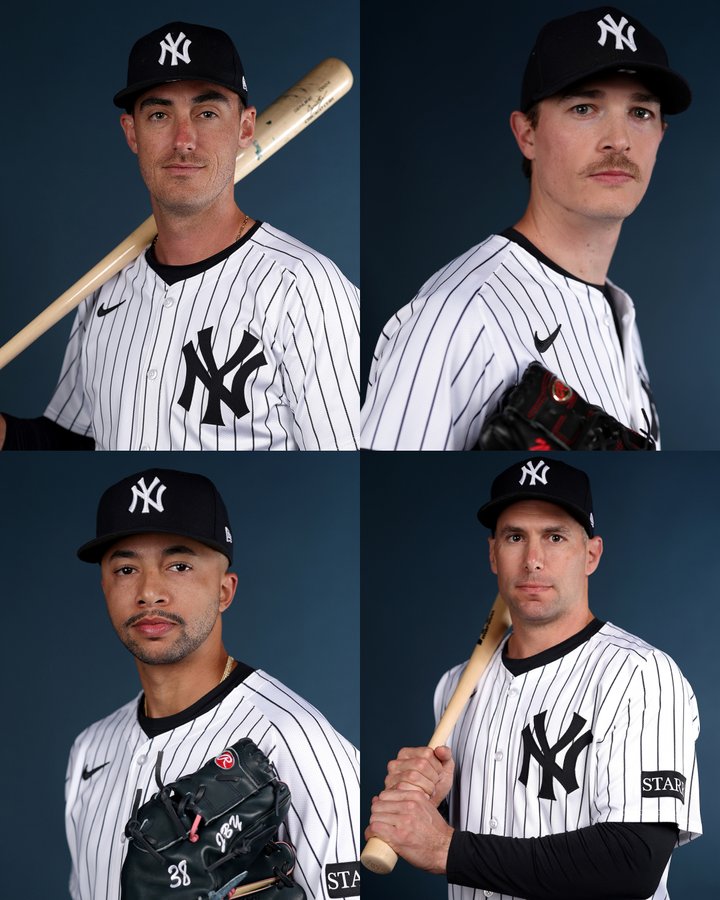 A four picture collage of Cody Bellinger (top left), Max Fried (top right), Devin Williams (bottom left) and Paul Goldschmidt (bottom right) from Yankees photo day. They all wear white Yankees pinstriped uniforms with blue caps.