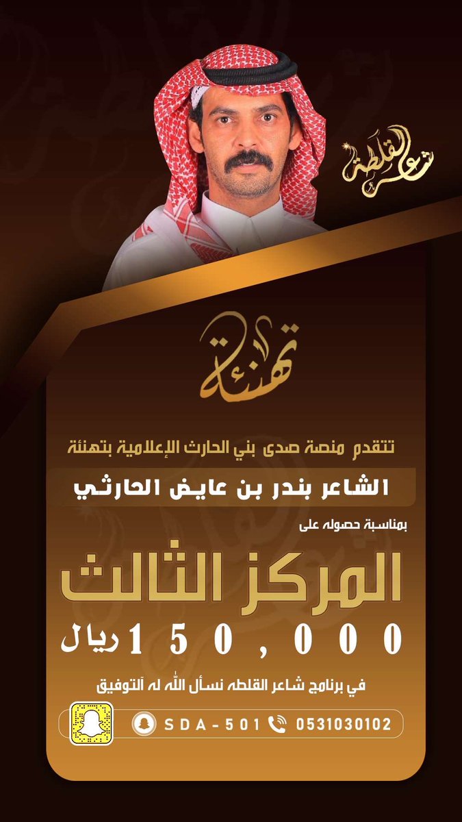 صدى بني الحارث 🥇 (@sda_501) on Twitter photo تهنئة
الف مبروك فوز الشاعر
#بندر_عايض_العاطفي_الحارثي
بمناسبة حصوله على المركز الثالث في مسابقة #شاعر_القلطه ومبلغ ١٥٠ الف بقناة الواقع الفضائية
<a href="/teknyat219/">ملتقى بالحارث ترج</a>
<a href="/bni_alharth501/">بني الحارث</a> تهنئة
الف مبروك فوز الشاعر
#بندر_عايض_العاطفي_الحارثي
بمناسبة حصوله على المركز الثالث في مسابقة #شاعر_القلطه ومبلغ ١٥٠ الف بقناة الواقع الفضائية
<a href="/teknyat219/">ملتقى بالحارث ترج</a>
<a href="/bni_alharth501/">بني الحارث</a>