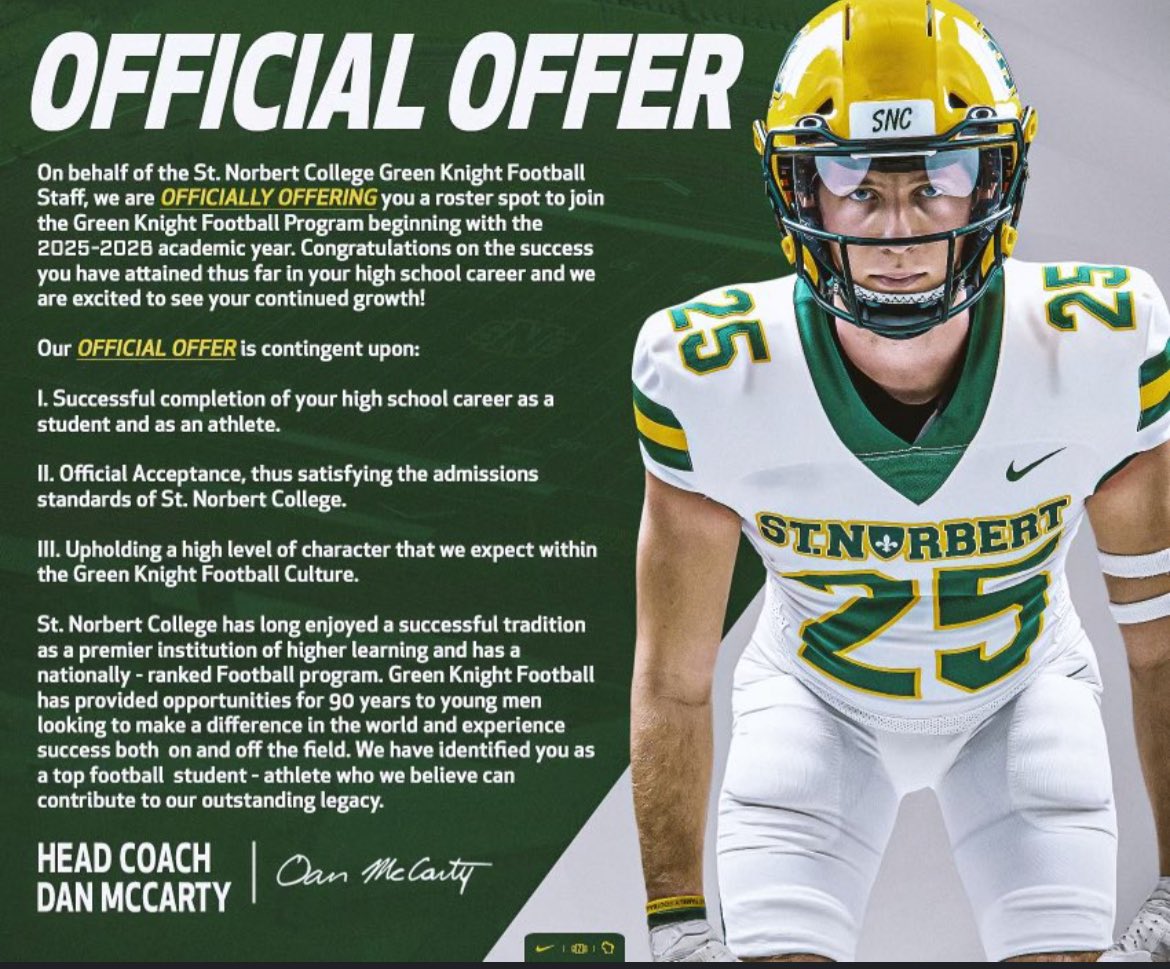 Nolan Basso (@nolanbasso34) on Twitter photo After many great conversations with coaches at <a href="/SNCfootball/">St. Norbert Football</a> I’m excited to announce an official offer from them! SNC! After many great conversations with coaches at <a href="/SNCfootball/">St. Norbert Football</a> I’m excited to announce an official offer from them! SNC!