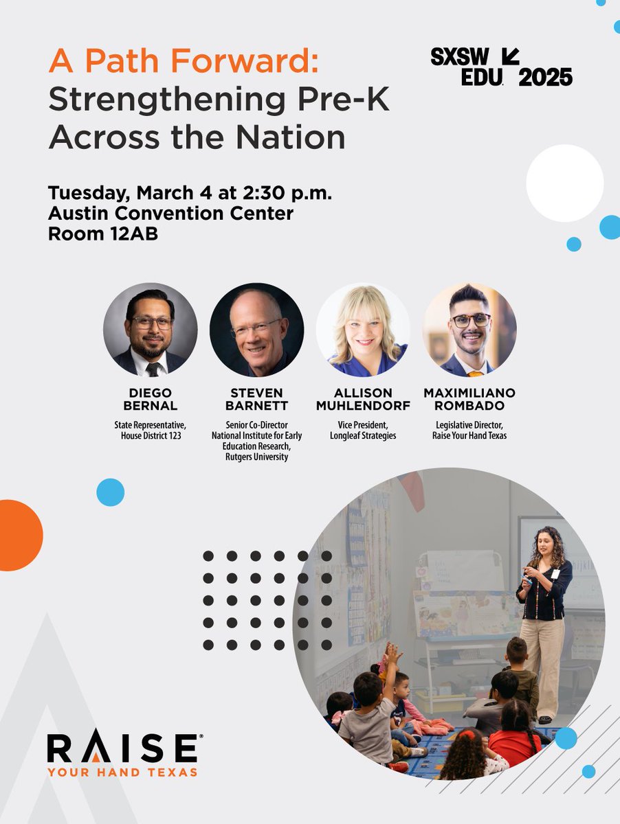 RYHTexas's tweet photo. Join the conversation on the #PowerofPreK at the SXSW EDU panel, "A Path Forward: Strengthening Pre-K Across the Nation," featuring Raise Your Hand Texas' Legislative Director, Max Rombado. π€ππ
To read more about the amazing speakers and the panel, visit: https://t.co/zVMjjhdxRn
π
Let the countdown to #SXSWEDU begin!
#TxEd #TxLege