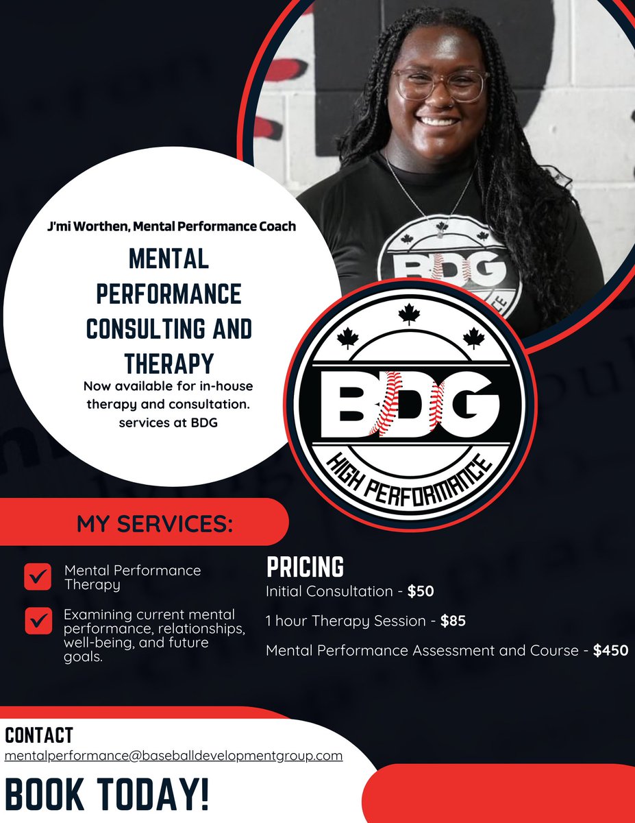 Baseball Development Group (@the__bdg) on Twitter photo Unlock your full athletic potential with the help of BDG's Mental Performance Coach, J'mi Worthen, (PhD(c), MA).
Contact:
mentalperformance@baseballdevelopmentgroup.com
For details. Unlock your full athletic potential with the help of BDG's Mental Performance Coach, J'mi Worthen, (PhD(c), MA).
Contact:
mentalperformance@baseballdevelopmentgroup.com
For details.