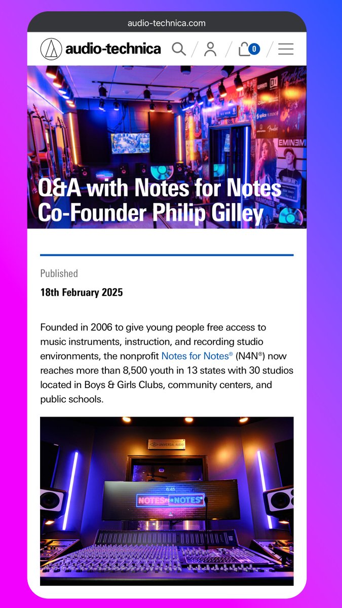 Huge thanks to our friends at Audio-Technica USA for their unwavering support of Notes for Notes® since 2009!  We’re grateful for everything you do for our studios, our youth, and the future of music!
Check out the full article! audio-technica.com/.../q-a-with-n…...
