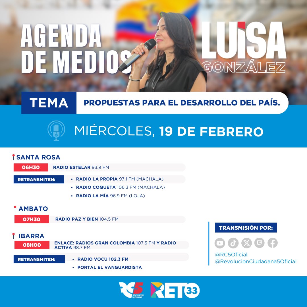 📌 #LuisaEnMedios | Los invito a sintonizar el día de mañana las siguientes entrevistas, donde hablaré sobre mis propuestas para #RevivirEcuador🇪🇨

🗓️ Miércoles, 19 de febrero 
⏰ 6h30
📻 Radio Estelar 93.9 FM 

⏰ 7h30 
📻 Radio Paz y Bien 104.5 FM 

⏰ 8h00
📻 Enlace: Radios