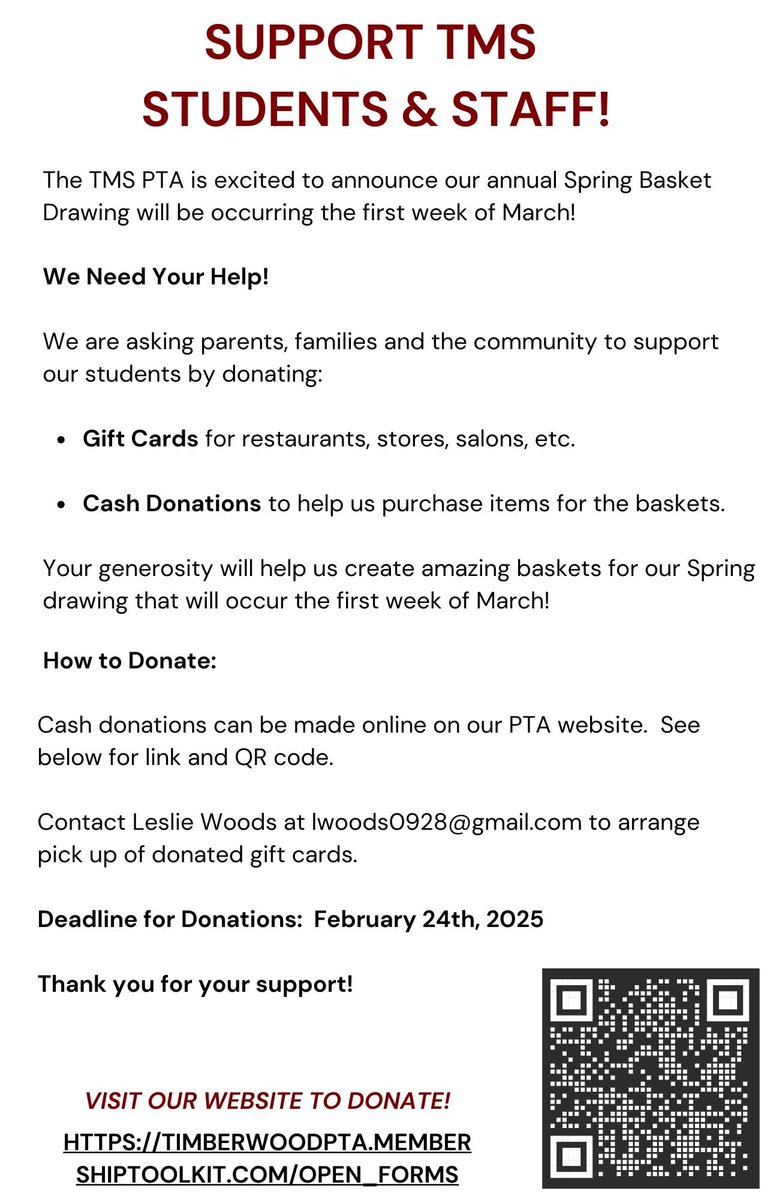 Timberwood Middle School PTA (@timberwoodpta) on Twitter photo DONATIONS NEEDED FOR SPRING BASKETS!
PTA is seeking donations to help fund some fantastic Spring baskets. Spring Baskets will be on display at Open House on March 4th. This is our largest fundraiser of the year and we need your help! Thank you! <a href="/HumbleISD_TMS/">Timberwood Middle</a> DONATIONS NEEDED FOR SPRING BASKETS!
PTA is seeking donations to help fund some fantastic Spring baskets. Spring Baskets will be on display at Open House on March 4th. This is our largest fundraiser of the year and we need your help! Thank you! <a href="/HumbleISD_TMS/">Timberwood Middle</a>