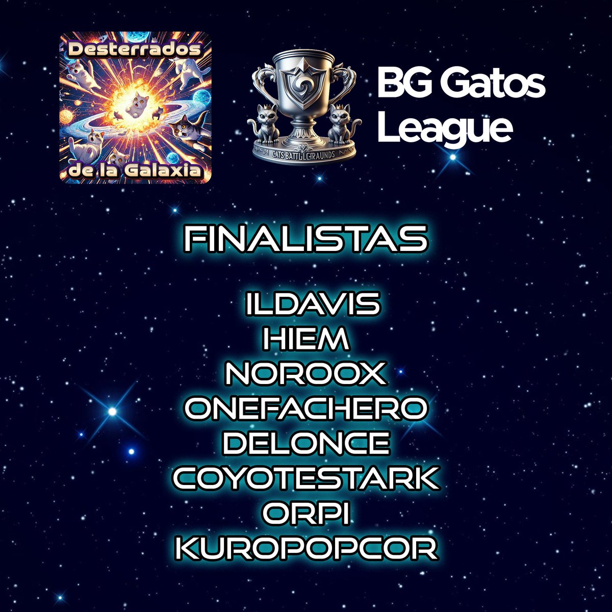 Listos para la Gran Final de la #BgGatosLeague

☄️Desterrados de la galaxia🌌

La version más salvaje que veran...

Hoy mismo salio el nuevo parche 31.6🤯
Nuevos heroes, esbirros y ¡Anomalias!😱

Te espero a las:
🇲🇽  08:00 pm
🇨🇱🇦🇷 11:00 pm
🇨🇴🇵🇪 09:00 pm
🇪🇸  03:00 am

#Hearthstone