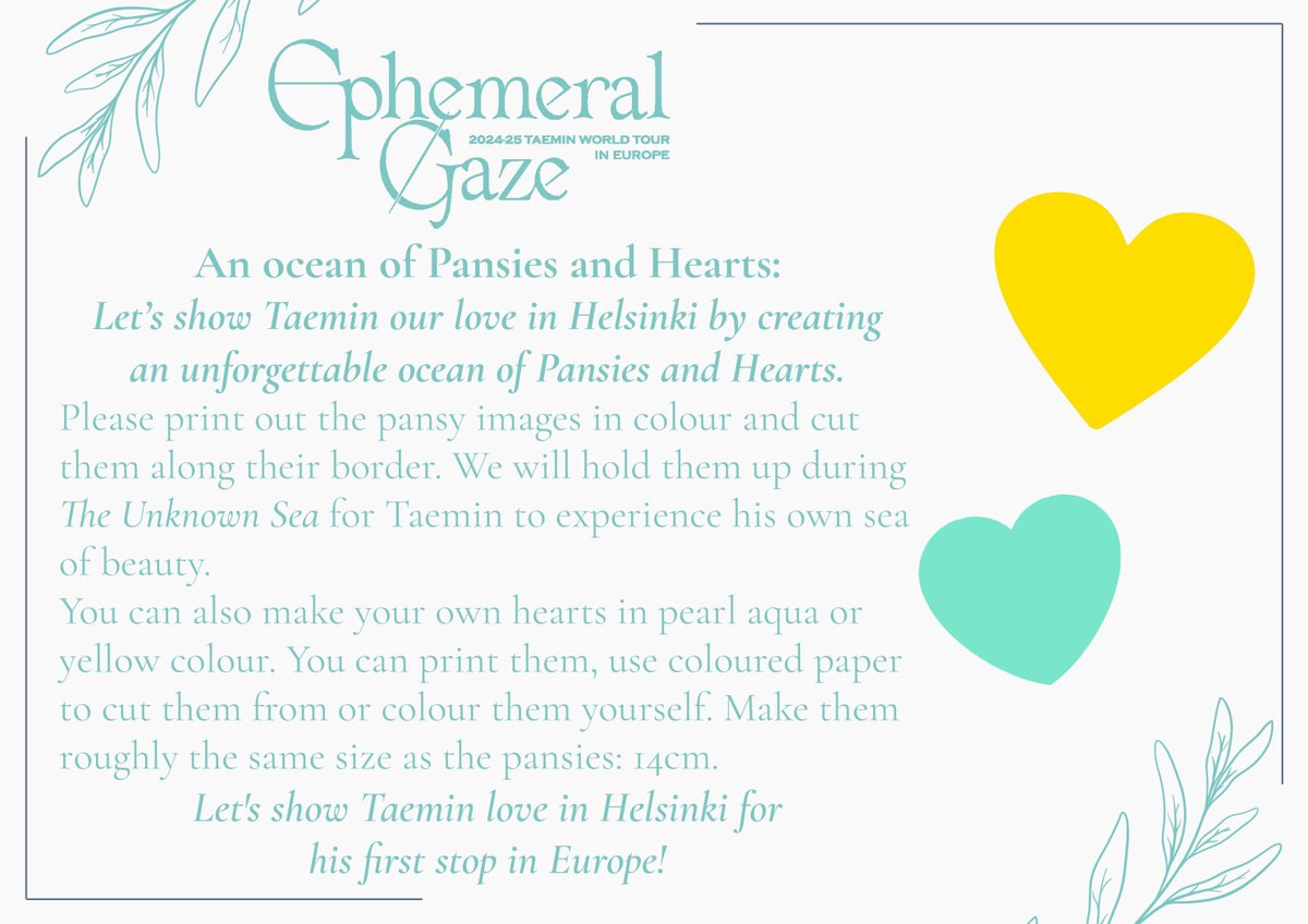 taemneegirly's tweet photo. TAEMates and Shawols going to Helsinki! We have a fan event to show Taemin our love during The Unknown Sea ๐ Please participate a lot! ๐งต
An Ocean of Pansies and Hearts
#TaeminInHelsinki #EphemeralGaze #OceanOfPansiesAndHearts #TaeminFanProject #Ephemeral_Gaze_in_Helsinki https://t.co/SdWawDyUOx