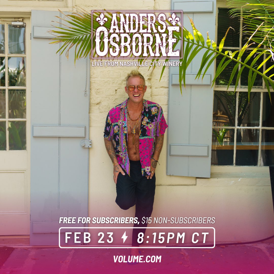 Anders Osborne (@anders_osborne) on Twitter photo Hey y’all! I’m excited to announce that my show at <a href="/CityWineryNSH/">CityWineryNSH</a> on 2/23 at 8:15pm CT will be available to livestream on Volume.com! If you’re not able to see the show in person, grab your tix to join the livestream at the link below! 🤘🏽
volume.com/t/ZP9V7Z/ Hey y’all! I’m excited to announce that my show at <a href="/CityWineryNSH/">CityWineryNSH</a> on 2/23 at 8:15pm CT will be available to livestream on Volume.com! If you’re not able to see the show in person, grab your tix to join the livestream at the link below! 🤘🏽
volume.com/t/ZP9V7Z/