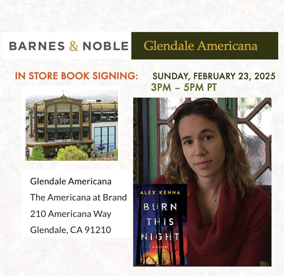 On Sunday, I'll be signing copies of my book Burn This Night at the B&amp;N at the Glendale Americana. Stop by and say hello!

<a href="/BNBuzz/">Barnes & Noble</a> <a href="/crookedlanebks/">Crooked Lane Books</a>